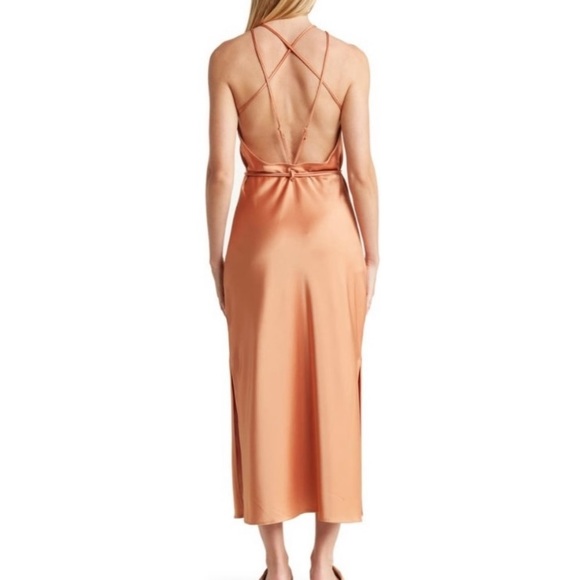 Nanushka Narita Belted Peach Apricot Satin Sleeveless High Neck Midi Dress - Picture 7 of 14
